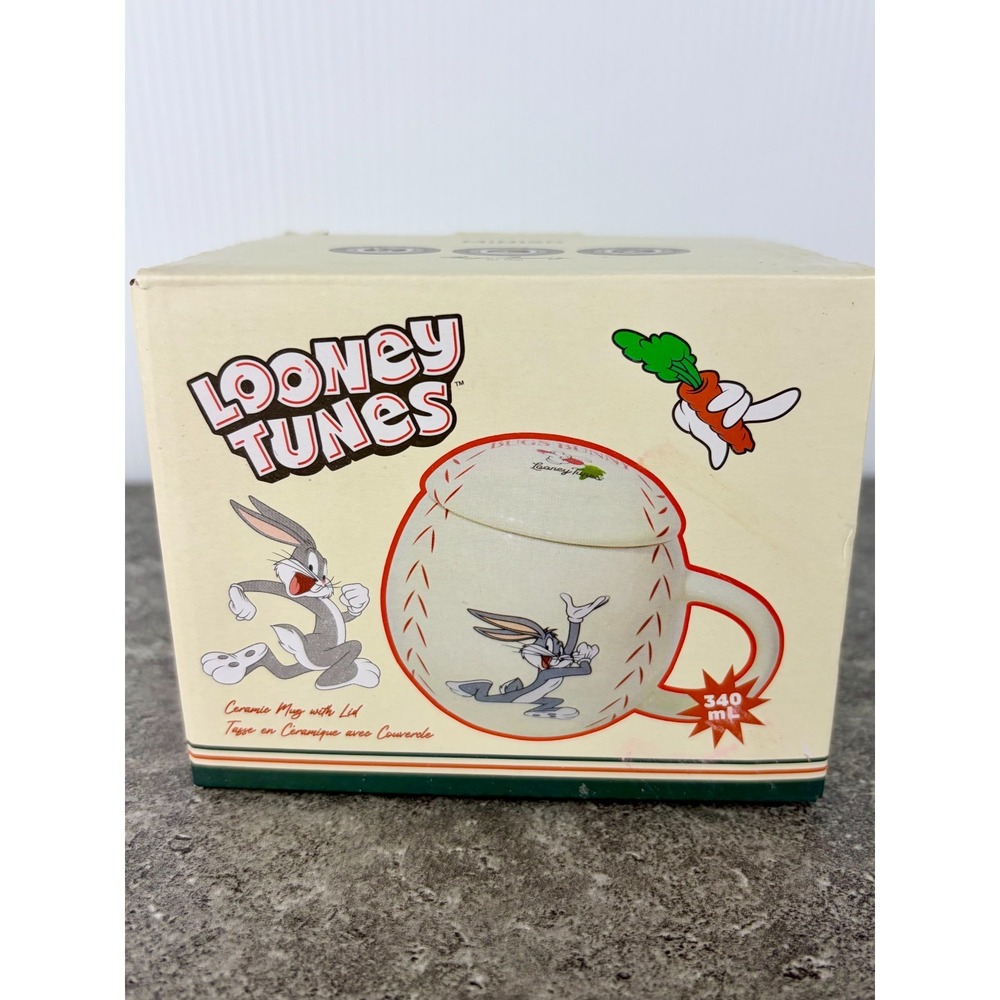 Looney Tunes Bugs Bunny Baseball Ceramic Mug w Lid 340ml New In Box Warner Bros